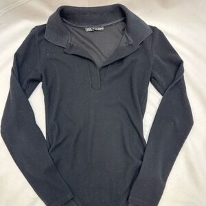 Zara Black Collard Long Sleeve Bodysuit S